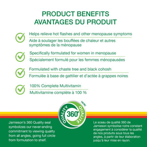 Product benefits list for a menopause relief supplement with Jamieson's 360 Quality seal on a white background. - okotoks hc pharmacy