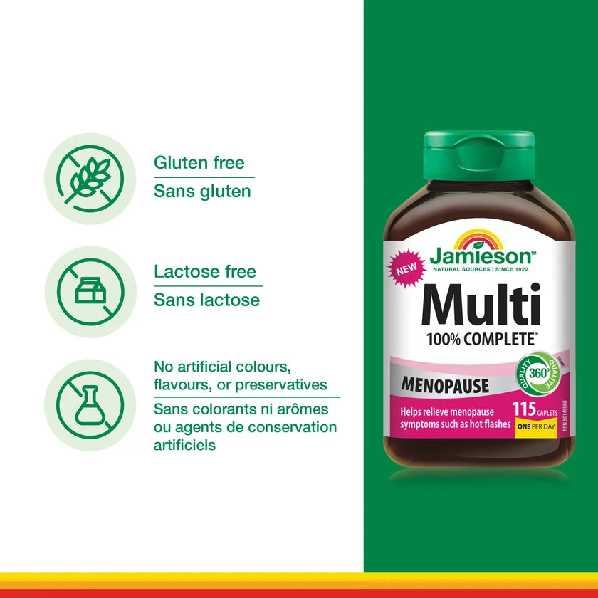 Bottle of Jamieson Multi 100% Complete Menopause supplement with green label and text on a white background. - okotoks hc pharmacy