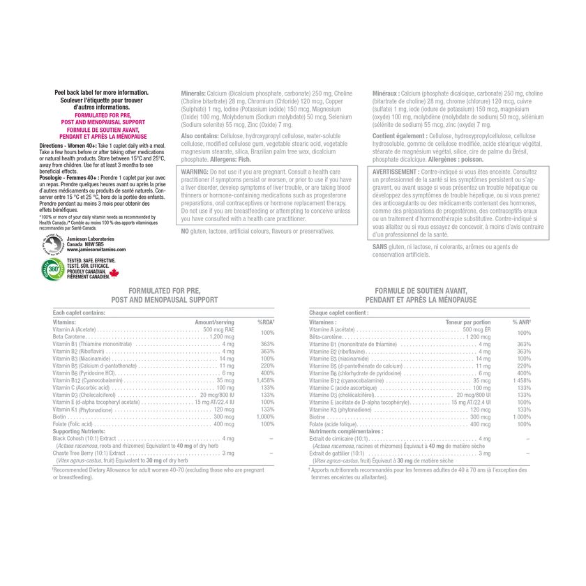 The back of a supplement box showing French text, ingredients, directions, warnings, and nutritional tables for a post and menopausal support formula. - okotoks hc pharmacy