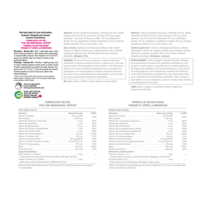 The back of a supplement box showing French text, ingredients, directions, warnings, and nutritional tables for a post and menopausal support formula. - okotoks hc pharmacy