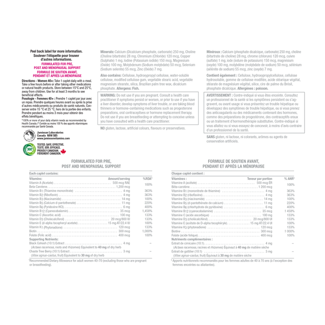 The back of a supplement box showing French text, ingredients, directions, warnings, and nutritional tables for a post and menopausal support formula. - okotoks hc pharmacy