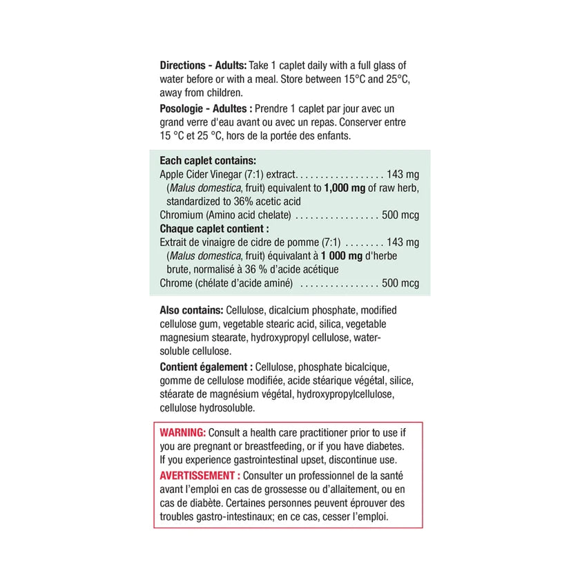 A white rectangular card with black text containing directions and product details for a dietary supplement, including English and French text, ingredient amounts, and a warning. - okotoks hc pharmacy