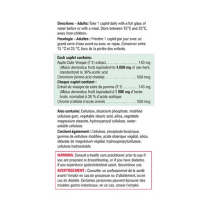 A white rectangular card with black text containing directions and product details for a dietary supplement, including English and French text, ingredient amounts, and a warning. - okotoks hc pharmacy