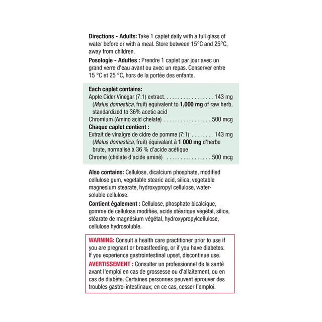 A white rectangular card with black text containing directions and product details for a dietary supplement, including English and French text, ingredient amounts, and a warning. - okotoks hc pharmacy