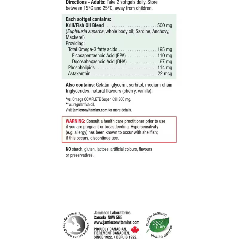 A white information panel with black text detailing directions, ingredients, and a warning for Jamieson Labouratories Krill/Fish Oil Blend, alongside product certification logos. - okotoks hc pharmacy