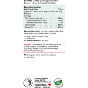 A white information panel with black text detailing directions, ingredients, and a warning for Jamieson Labouratories Krill/Fish Oil Blend, alongside product certification logos. - okotoks hc pharmacy