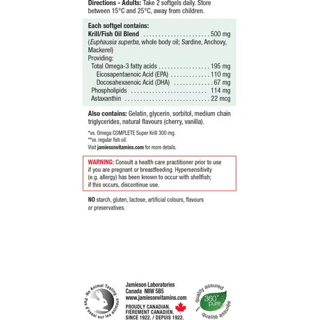 A white information panel with black text detailing directions, ingredients, and a warning for Jamieson Labouratories Krill/Fish Oil Blend, alongside product certification logos. - okotoks hc pharmacy