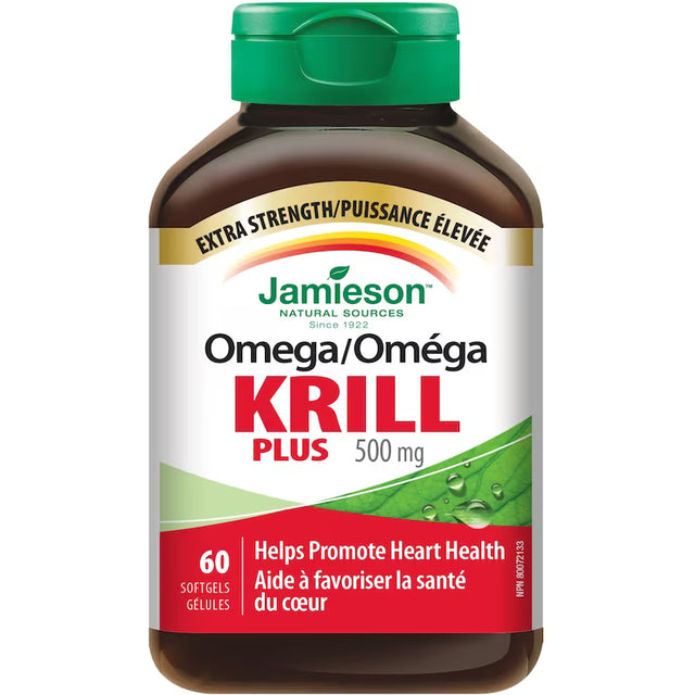 Jamieson Omega/Krill Plus 500 mg supplement bottle with a green cap and white label featuring red and green accents. - okotoks hc pharmacy