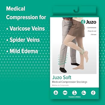 Juzo Soft medical compression stockings in a teal and white promotional graphic. The left side lists benefits for varicose veins, spider veins, and mild edema, while the right side shows a model wearing the beige and black stockings. - okotoks hc pharmacy