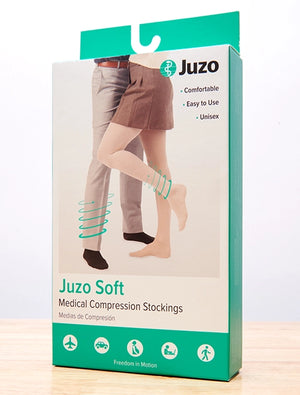 Juzo Soft Medical Compression Stockings retail packaging box, featuring a white and teal design with an illustration of legs wearing the stockings. - okotoks hc pharmacy