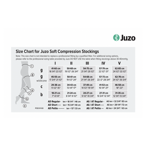 A size chart graphic for Juzo Soft Compression Stockings, showing a size table with measurements for sizes I through V and labeled ankle points. The Juzo brand logo is visible in the top right on a white background. - okotoks hc pharmacy