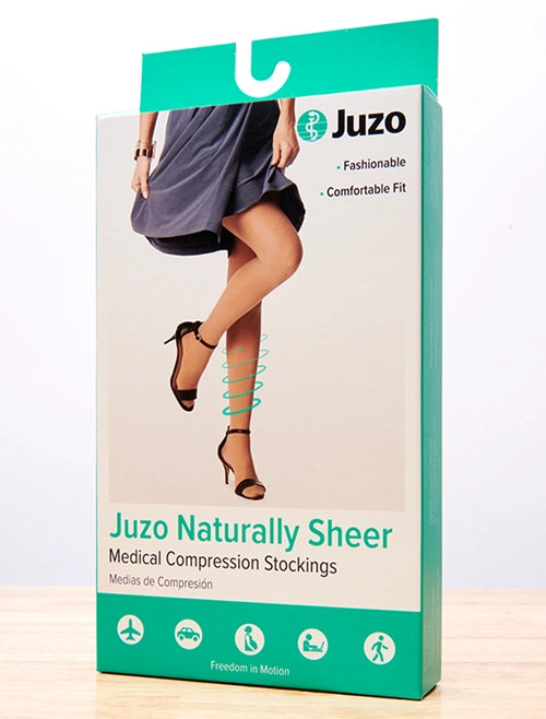 Juzo Naturally Sheer Medical Compression Stockings retail box, featuring a model's legs in black high heels with a teal graphic indicating sheer compression, set against a plain white background. - okotoks hc pharmacy