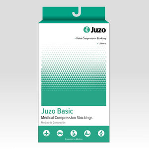 Juzo Basic medical compression stockings packaging, featuring a white box with a green halftone pattern and a hanging tab at the top, set against a light gray gradient background. - okotoks hc pharmacy
