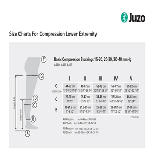 Size chart diagram for Juzo compression lower extremity stockings, showing a leg measurement guide with labeled points and a size table for basic compression stockings in millimeters. - okotoks hc pharmacy