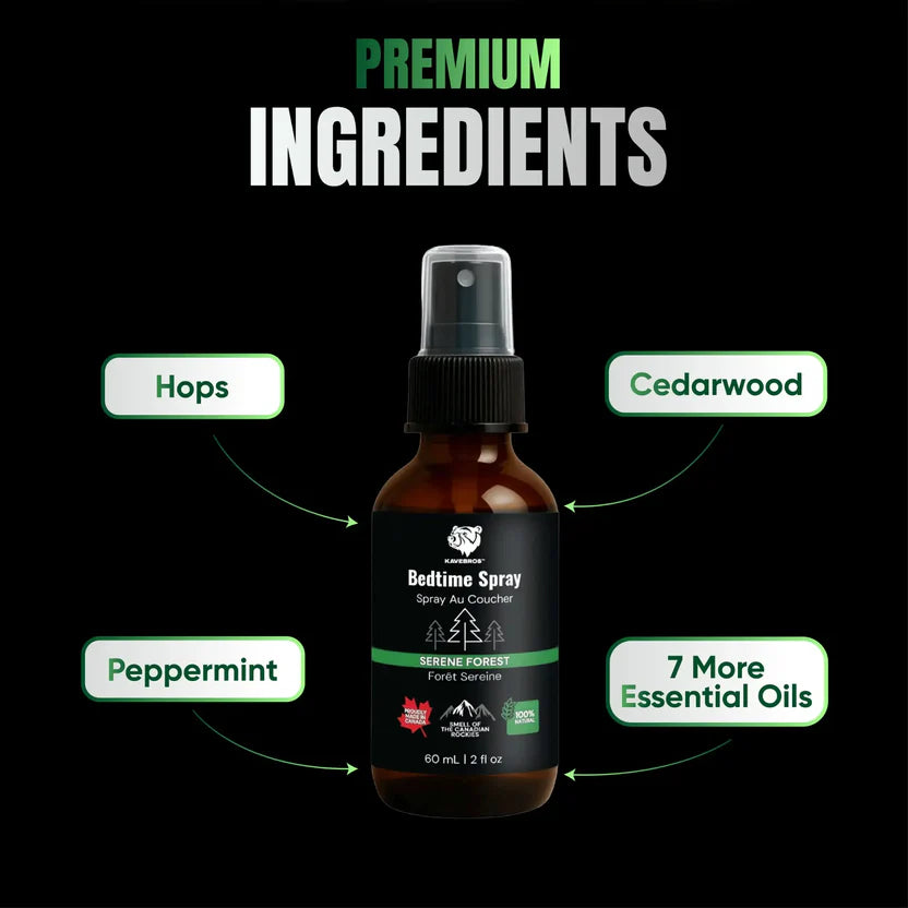 Bedtime spray bottle with labeled ingredients on a black background - okotoks hc pharmacy