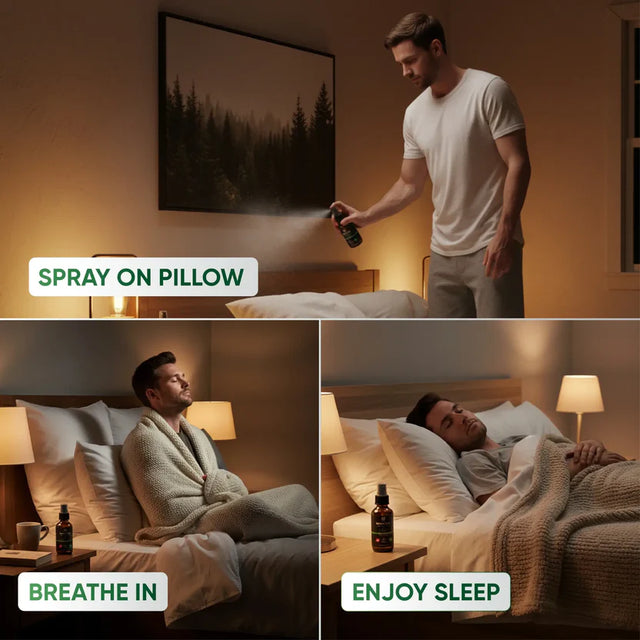 Man in a bedroom spraying a product on a pillow, followed by scenes of him relaxing and sleeping. - okotoks hc pharmacy