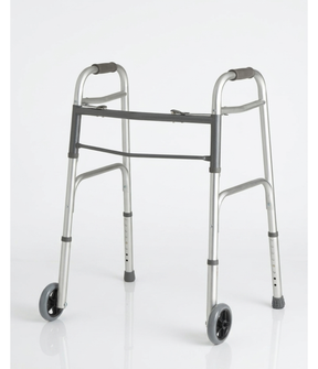 Silver walker with wheels on a white background - okotoks hc pharmacy