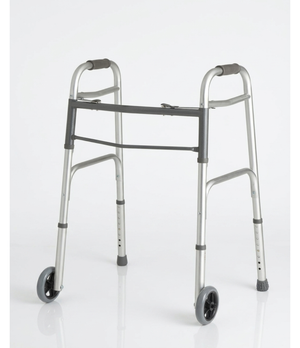 Silver walker with wheels on a white background - okotoks hc pharmacy