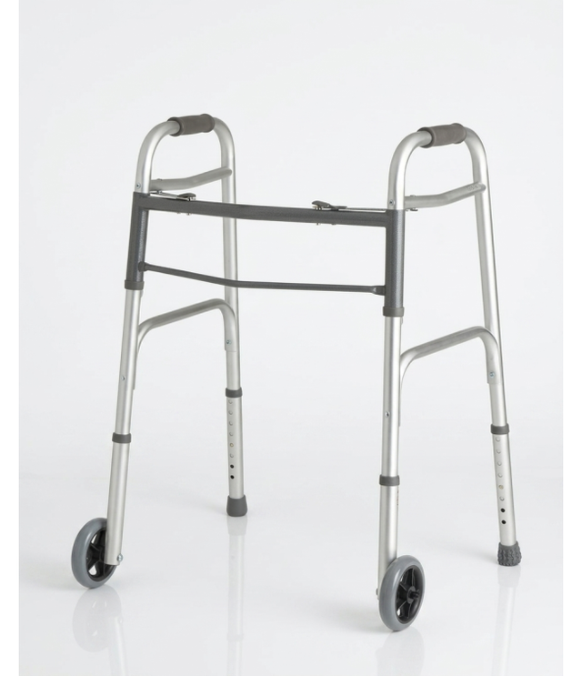 Silver walker with wheels on a white background - okotoks hc pharmacy