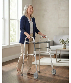 Woman using a walker in a home setting - okotoks hc pharmacy
