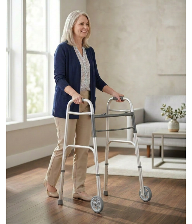 Woman using a walker in a home setting - okotoks hc pharmacy