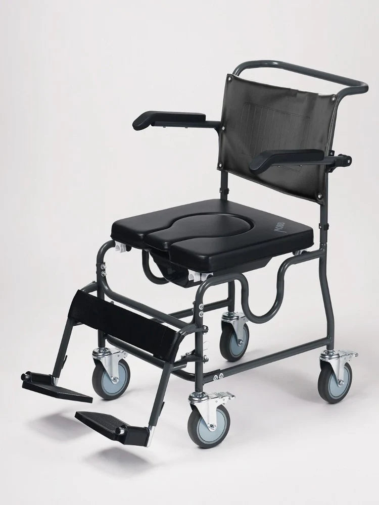Black commode chair with wheels on a white background - okotoks hc pharmacy