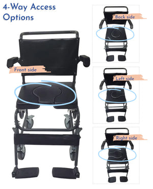 Black wheelchair with labeled 4-way access options on a white background - okotoks hc pharmacy