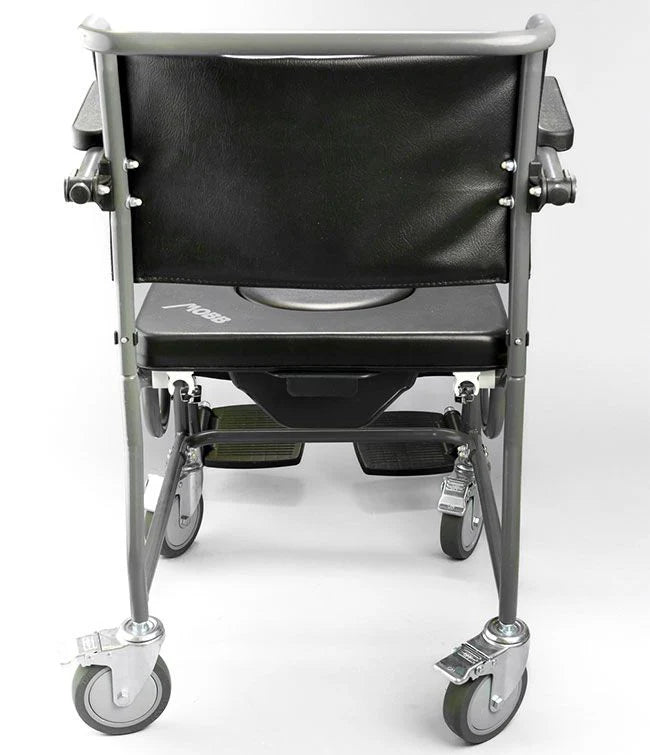 Black and silver commode chair on a white background - okotoks hc pharmacy