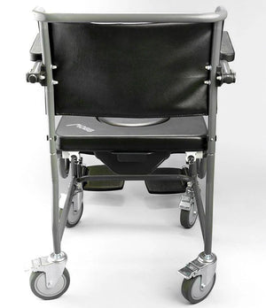 Black and silver commode chair on a white background - okotoks hc pharmacy