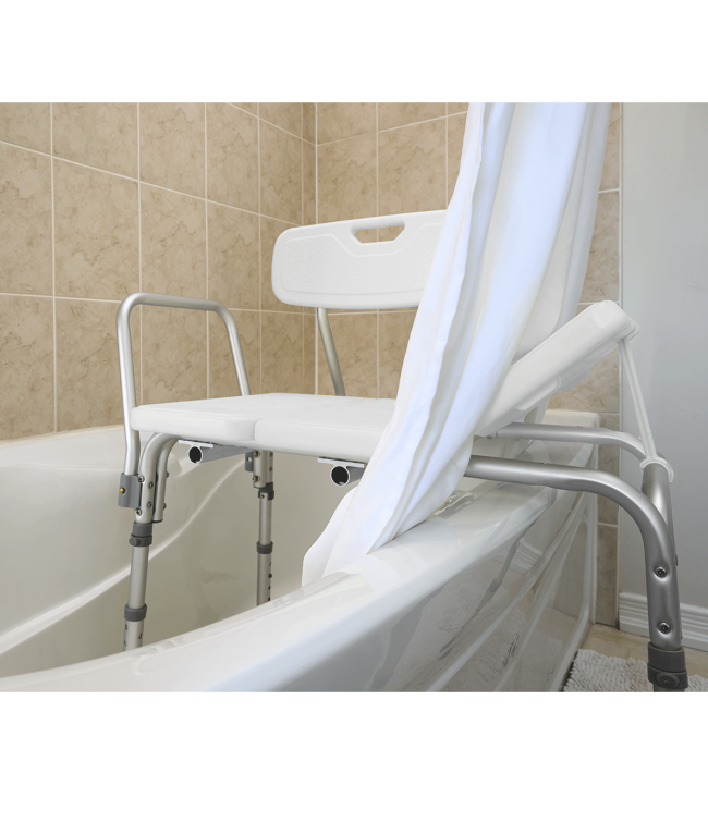 Bath chair with shower curtain in a bathroom setting - okotoks hc pharmacy