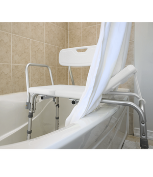 Bath chair with shower curtain in a bathroom setting - okotoks hc pharmacy