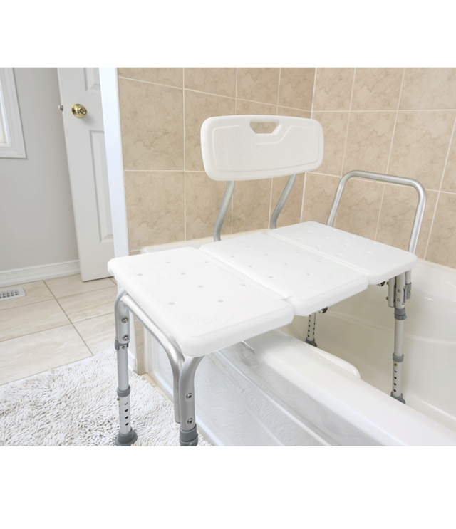 White adjustable bathtub seat with backrest in a bathroom setting. - okotoks hc pharmacy