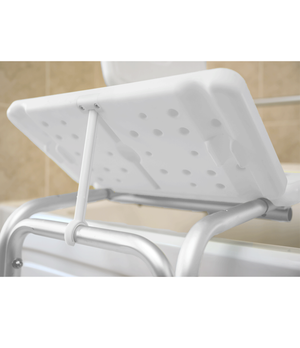 White shower seat with perforated design on a tiled bathroom wall background - okotoks hc pharmacy