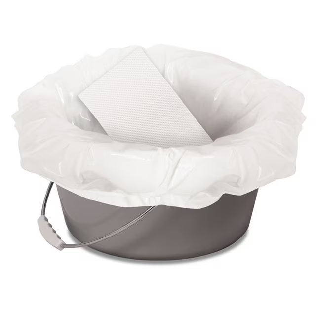 Gray bucket with a white plastic bag on a white background - okotoks hc pharmacy