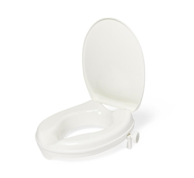 A white plastic sit-on-top toilet seat and lid, shown open on a clean white background. - okotoks hc pharmacy