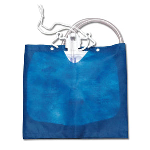 Blue urinary catheter bag with clear plastic bag and white tubing on a white background - okotoks hc pharmacy