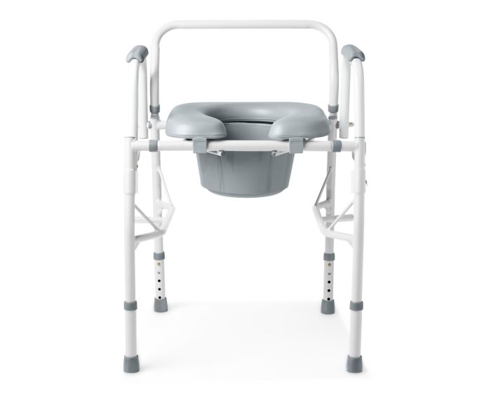 Medical commode chair with gray seat and white frame on a white background - okotoks hc pharmacy