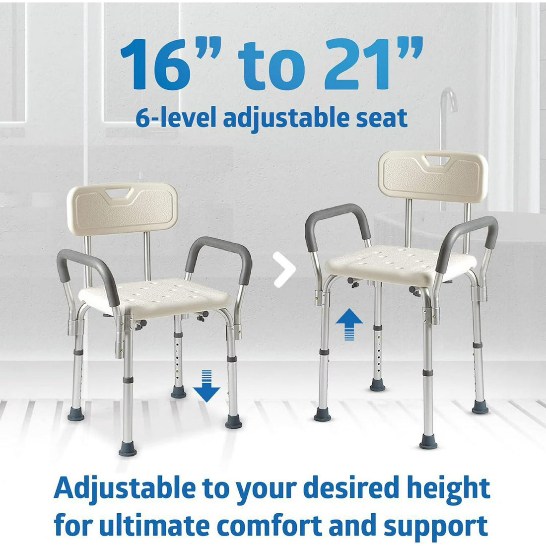 Two adjustable height chairs with text indicating adjustable range and comfort benefits. - okotoks hc pharmacy