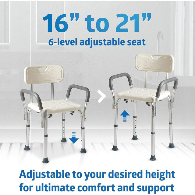 Two adjustable height chairs with text indicating adjustable range and comfort benefits. - okotoks hc pharmacy
