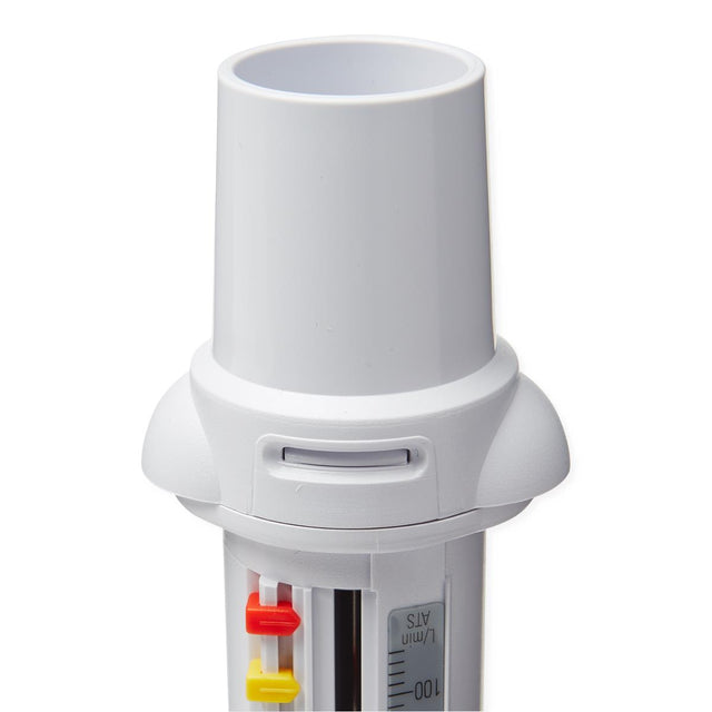 A close-up of a white plastic medical oxygen concentrator canister or adapter with a clear lower chamber showing measurement markings and small red and yellow adjustment pieces, isolated on a white background. - okotoks hc pharmacy