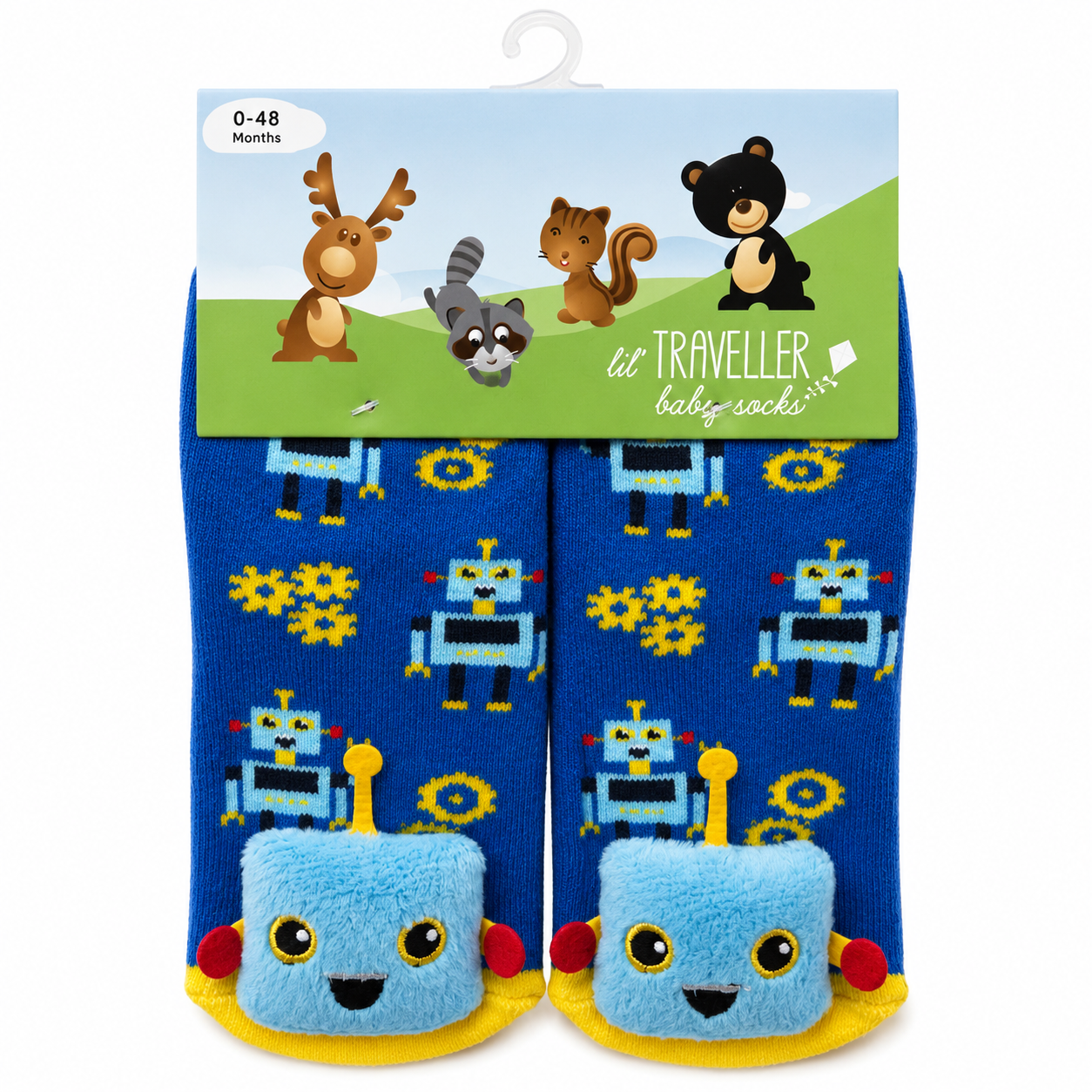 A pair of baby socks in blue with a robot pattern, packaged on a hanger card. The socks feature a plush light blue robot face on the toes, yellow wheels, and small red accents. - okotoks hc pharmacy