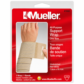 Mueller All-Purpose Support Wrap in beige, shown in its retail packaging. The packaging is red and white with a photo of a hand wearing the wrap. - okotoks hc pharmacy