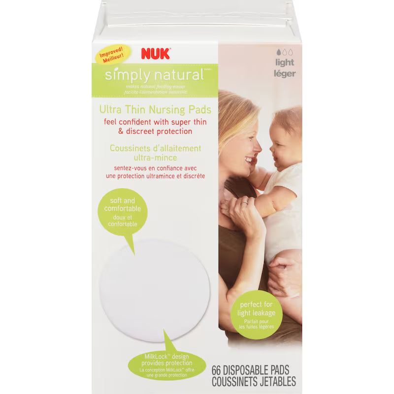 NUK Simply Natural ultra thin nursing pads packaging with a mother and baby on a white background - okotoks hc pharmacy