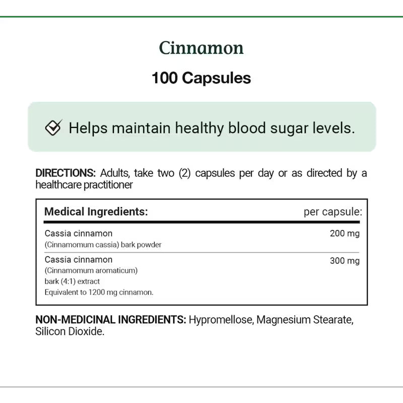 Cinnamon supplement label with directions and medical ingredients. - okotoks hc pharmacy