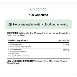Cinnamon supplement label with directions and medical ingredients. - okotoks hc pharmacy
