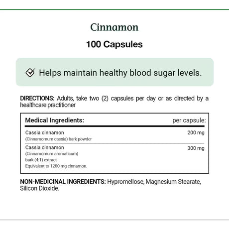 Cinnamon supplement label with directions and medical ingredients. - okotoks hc pharmacy