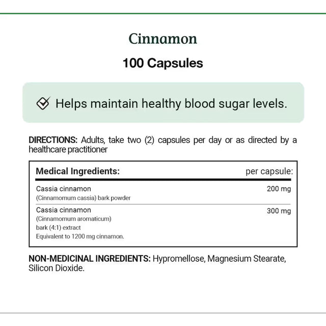 Cinnamon supplement label with directions and medical ingredients. - okotoks hc pharmacy