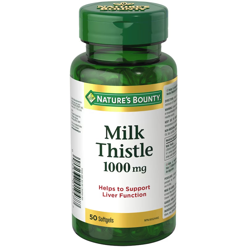 Nature's Bounty Milk Thistle 1000 mg supplement bottle on a white background - okotoks hc pharmacy