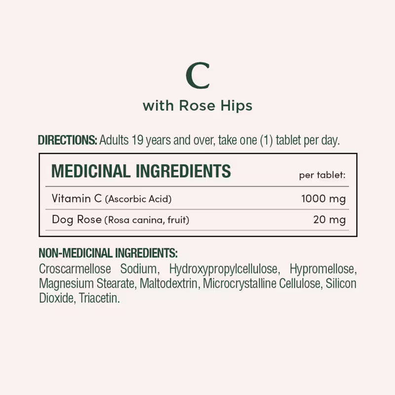 Vitamin C supplement label with directions and ingredients on a white background - okotoks hc pharmacy