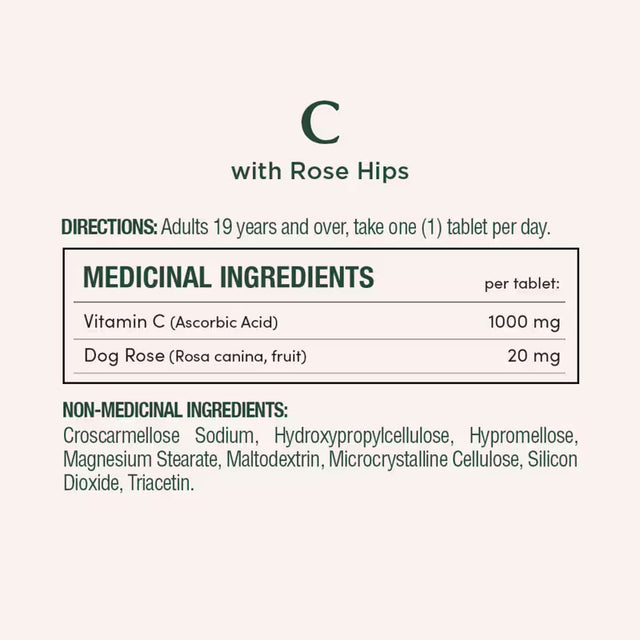 Vitamin C supplement label with directions and ingredients on a white background - okotoks hc pharmacy